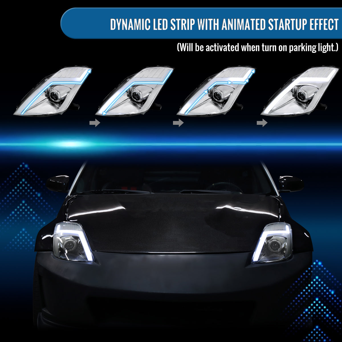 Ronnin - Fits 2006-2009 Nissan 350Z Upgraded Replacement HID Xenon Projector Headlights LED Switchback Sequential Turn Signals + Animated Startup Effect Assembly Pair | Chrome