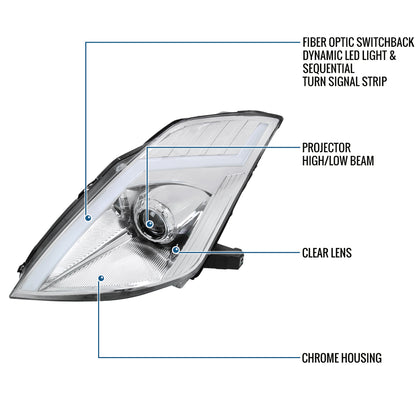 Ronnin - Fits 2006-2009 Nissan 350Z Upgraded Replacement HID Xenon Projector Headlights LED Switchback Sequential Turn Signals + Animated Startup Effect Assembly Pair | Chrome