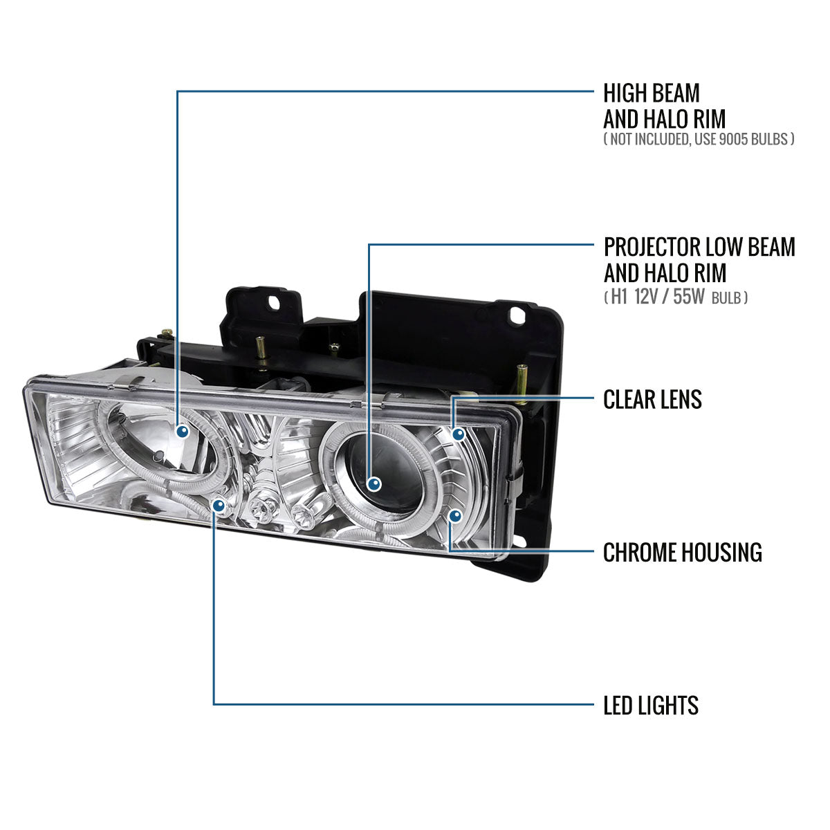 Ronnin - Compatible con Chevy GMC C10 C/K 1500 2500 3500 Suburban Yukon Blazer Tahoe Silverado Sierra de 1988-1999, conjunto de faros LED dobles de proyector mejorados | Cromado