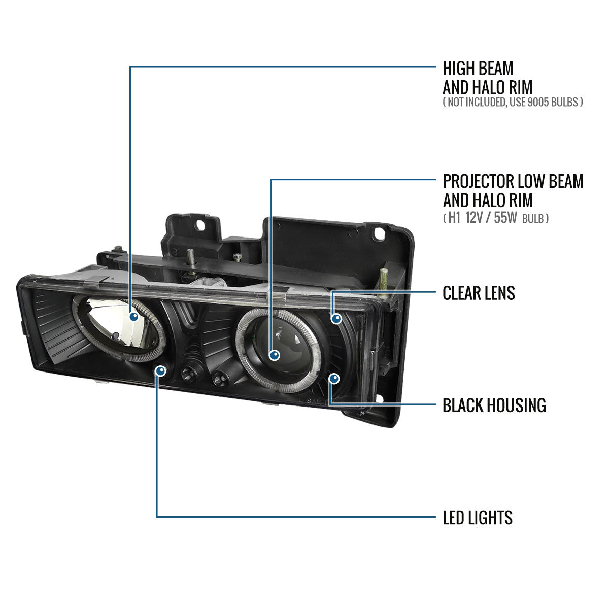 Ronnin - Compatible con Chevy GMC C10 C/K 1500 2500 3500 Suburban Yukon Blazer Tahoe Silverado Sierra de 1988-1999, montaje de faros delanteros con proyector LED de doble aro mejorado | Negro