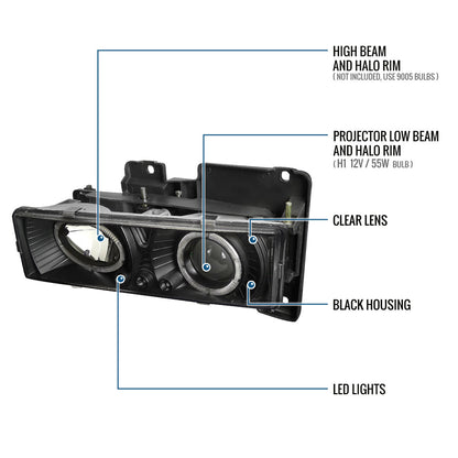 Ronnin - Compatible con Chevy GMC C10 C/K 1500 2500 3500 Suburban Yukon Blazer Tahoe Silverado Sierra de 1988-1999, montaje de faros delanteros con proyector LED de doble aro mejorado | Negro