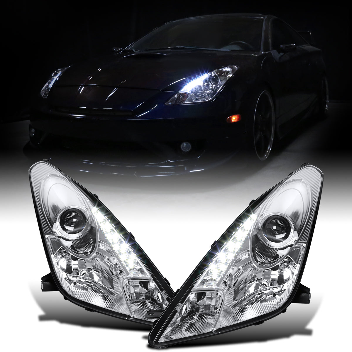 Ronnin - Fits 2000-2005 Toyota Celica LED DRL Daytime Running Lights Projector Headlights Pair | Chrome