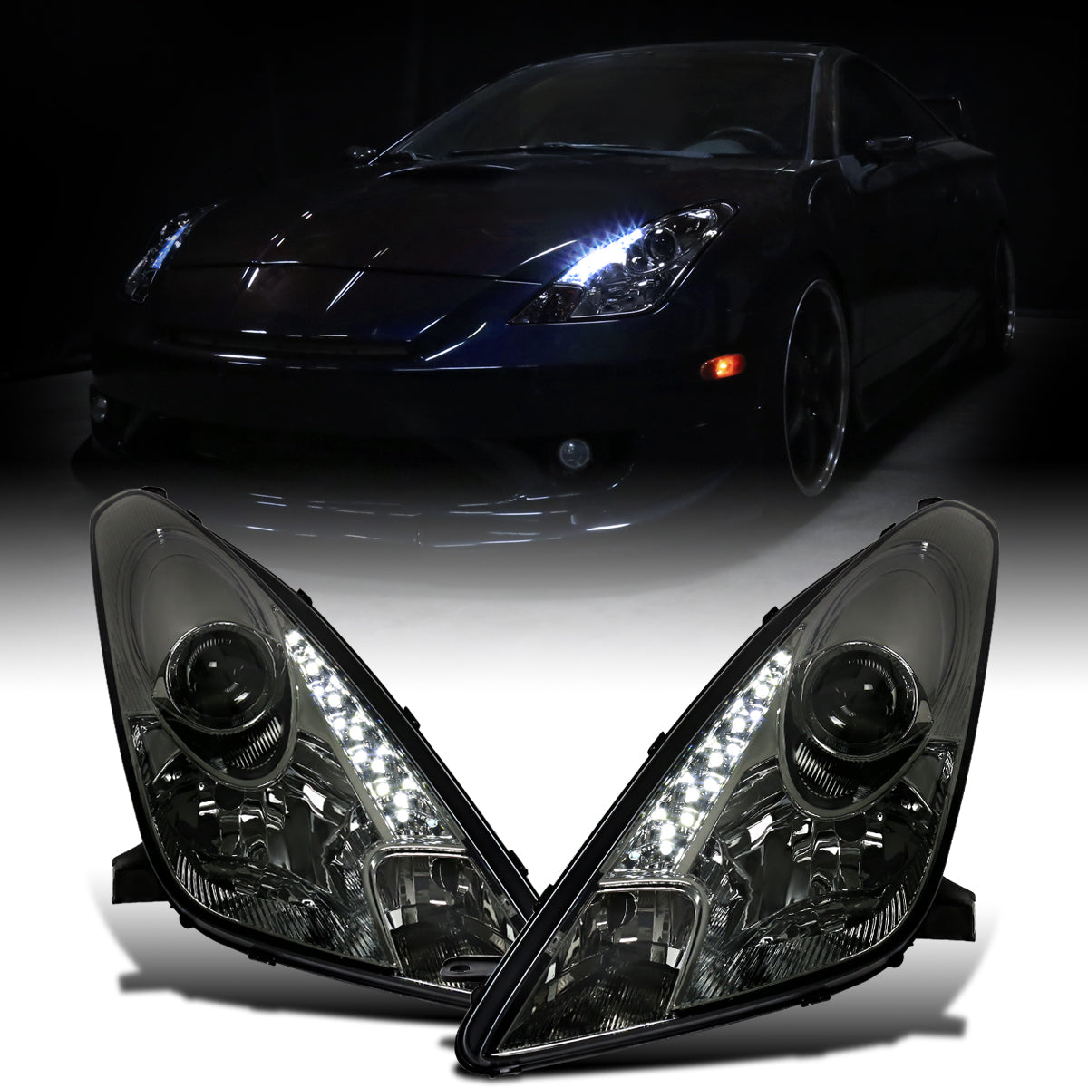 Ronnin - Fits 2000-2005 Toyota Celica LED DRL Daytime Running Lights Projector Headlights Pair | Smoke