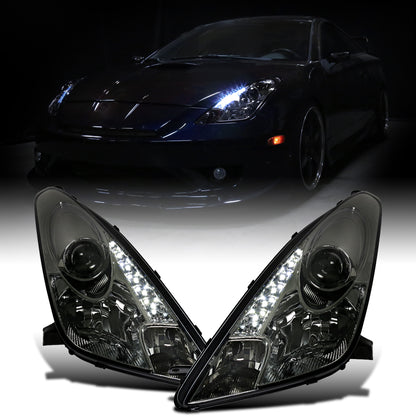 Ronnin - Fits 2000-2005 Toyota Celica LED DRL Daytime Running Lights Projector Headlights Pair | Smoke