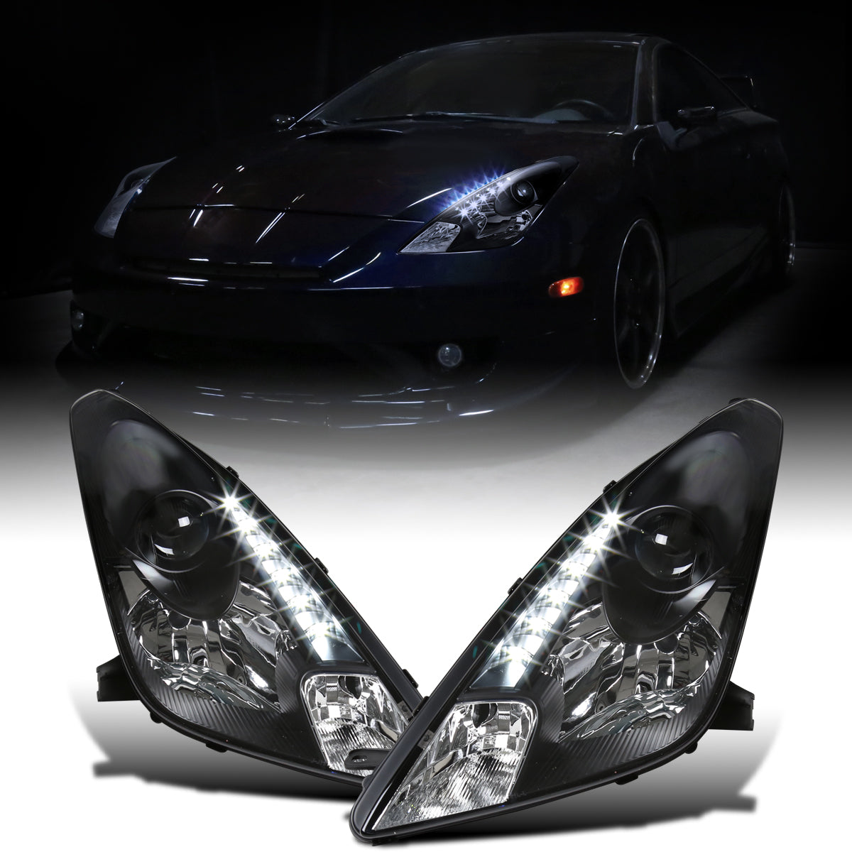 Ronnin - Fits 2000-2005 Toyota Celica LED DRL Daytime Running Lights Projector Headlights Pair | Black