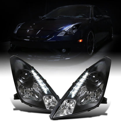 Ronnin - Fits 2000-2005 Toyota Celica LED DRL Daytime Running Lights Projector Headlights Pair | Black