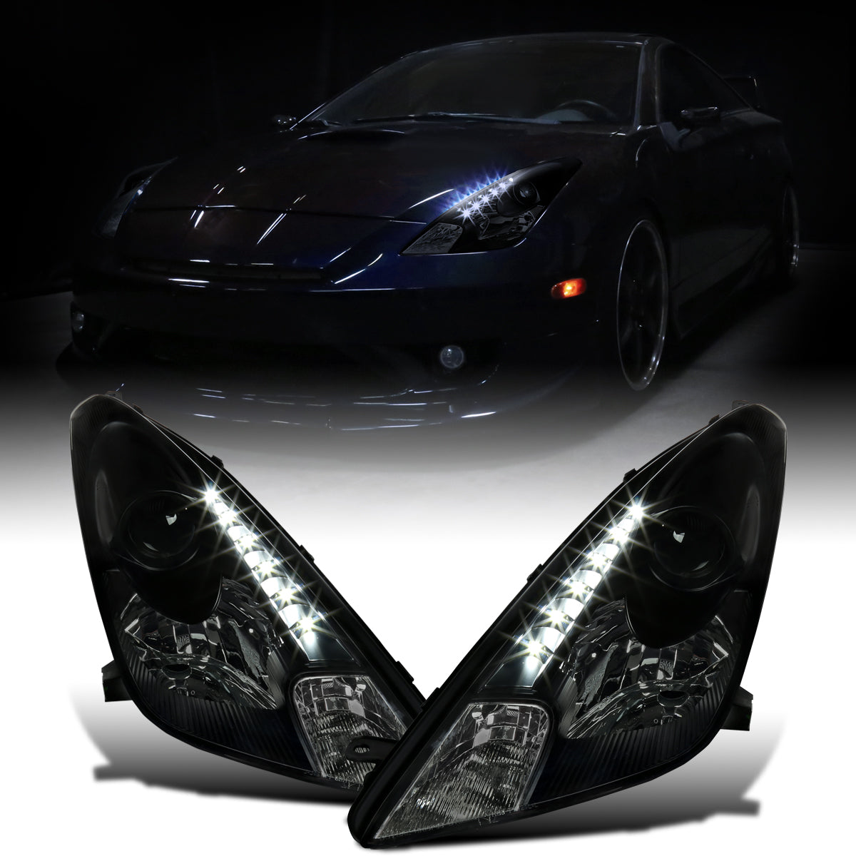 Ronnin - Fits 2000-2005 Toyota Celica LED DRL Daytime Running Lights Projector Headlights Pair | Black Smoke