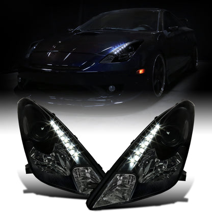 Ronnin - Fits 2000-2005 Toyota Celica LED DRL Daytime Running Lights Projector Headlights Pair | Black Smoke