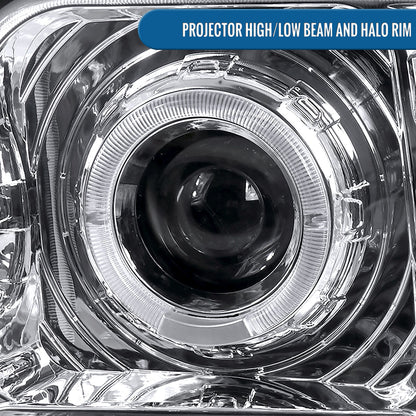 1997-2001 Jeep Cherokee Projector Headlights LED Halo Rim Lights Assembly Pair | Chrome