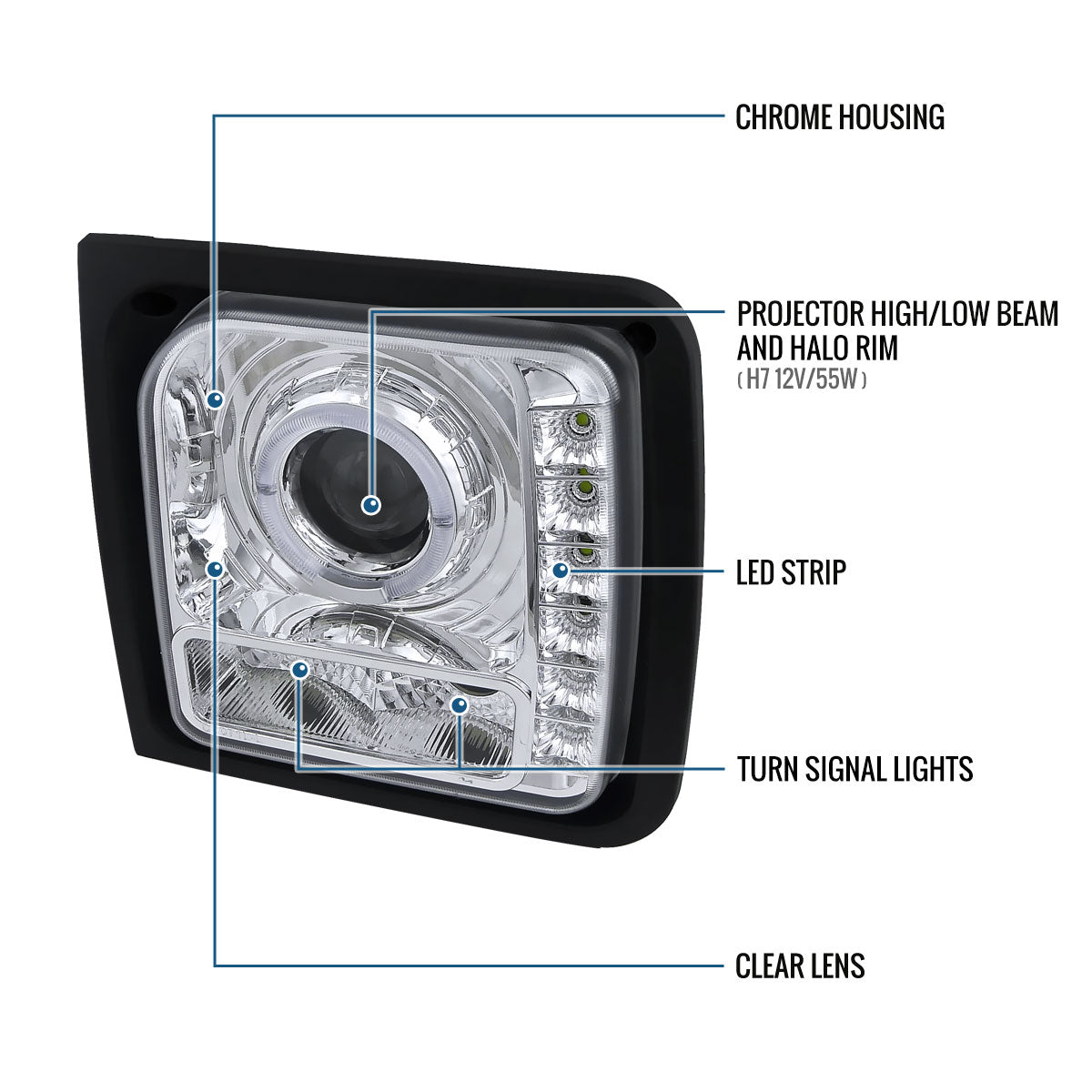 1997-2001 Jeep Cherokee Projector Headlights LED Halo Rim Lights Assembly Pair | Chrome
