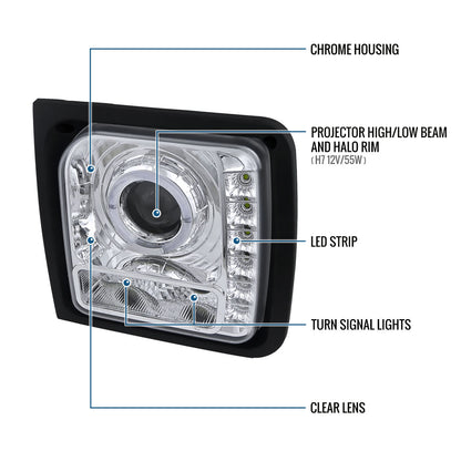 1997-2001 Jeep Cherokee Projector Headlights LED Halo Rim Lights Assembly Pair | Chrome