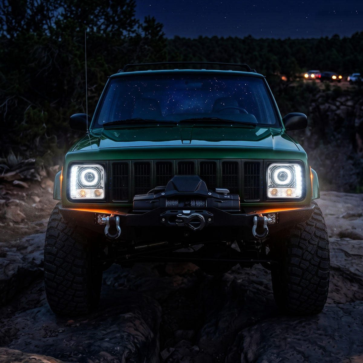 1997-2001 Jeep Cherokee Projector Headlights LED Halo Rim Lights Assembly Pair | Chrome