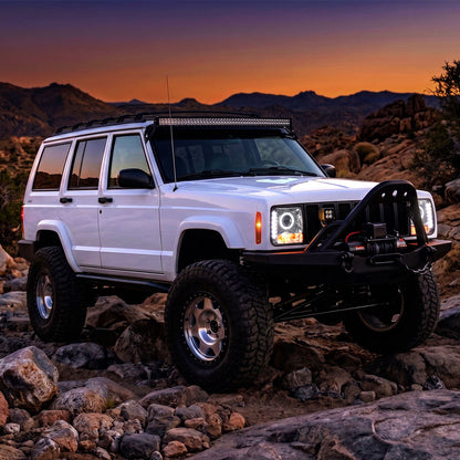 1997-2001 Jeep Cherokee Projector Headlights LED Halo Rim Lights Assembly Pair | Chrome