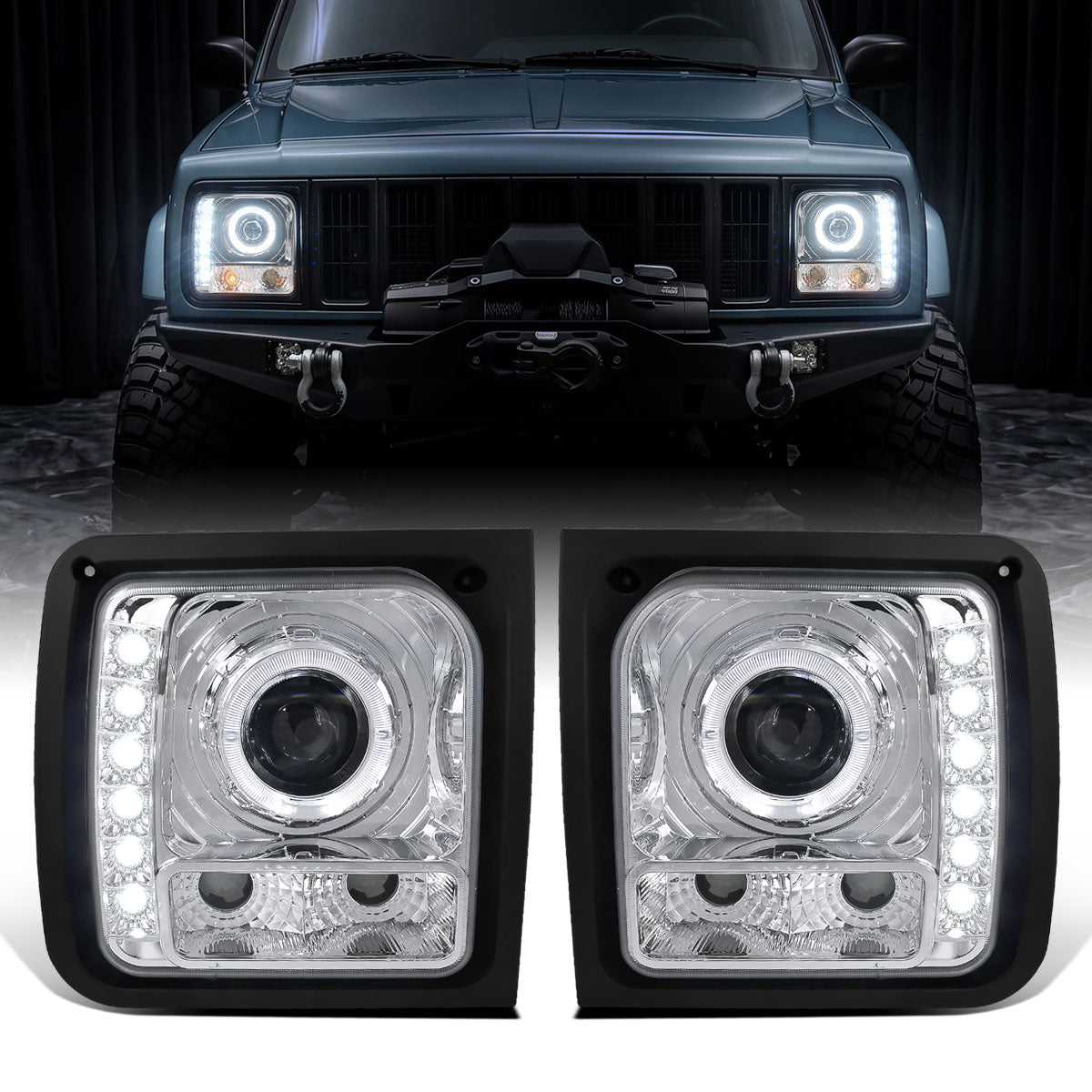 1997-2001 Jeep Cherokee Projector Headlights LED Halo Rim Lights Assembly Pair | Chrome