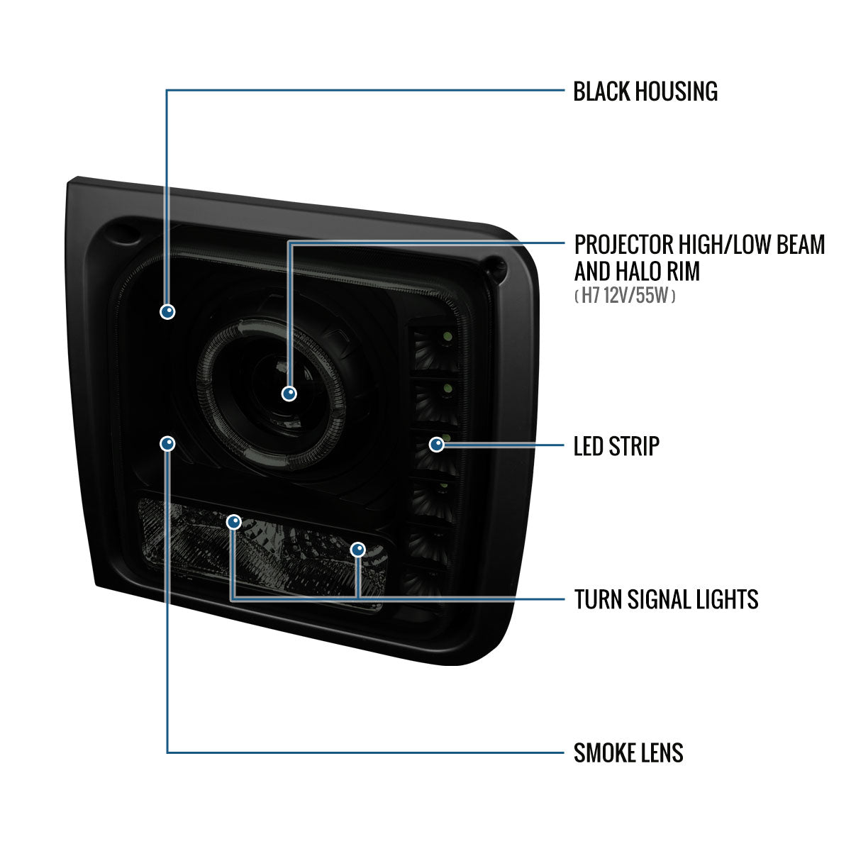 1997-2001 Jeep Cherokee Projector Headlights LED Halo Rim Lights Assembly Pair | Black Smoke