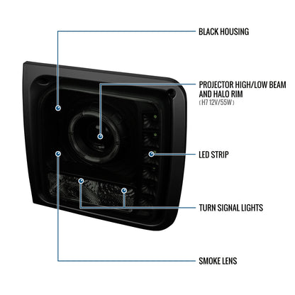 1997-2001 Jeep Cherokee Projector Headlights LED Halo Rim Lights Assembly Pair | Black Smoke