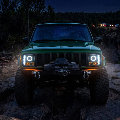 1997-2001 Jeep Cherokee Projector Headlights LED Halo Rim Lights Assembly Pair | Black Smoke