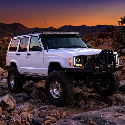 1997-2001 Jeep Cherokee Projector Headlights LED Halo Rim Lights Assembly Pair | Black Smoke