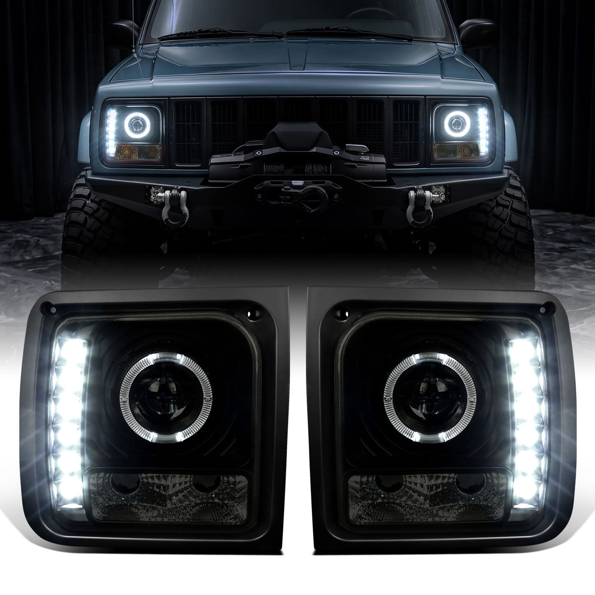 1997-2001 Jeep Cherokee Projector Headlights LED Halo Rim Lights Assembly Pair | Black Smoke