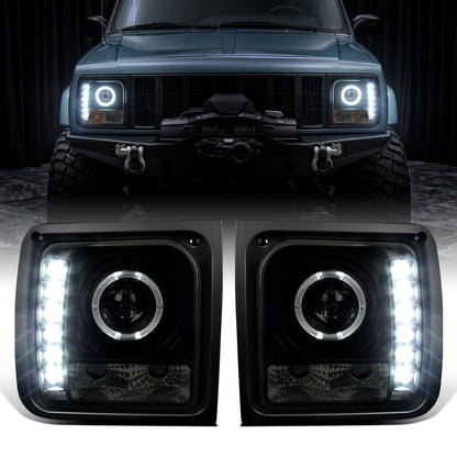 1997-2001 Jeep Cherokee Projector Headlights LED Halo Rim Lights Assembly Pair | Black Smoke
