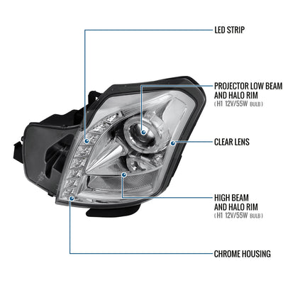 Ronnin - Fits 2003-2007 Cadillac CTS Upgraded Replacement LED Halo Rim Halogen Projector Headlights Assembly Pair | Chrome