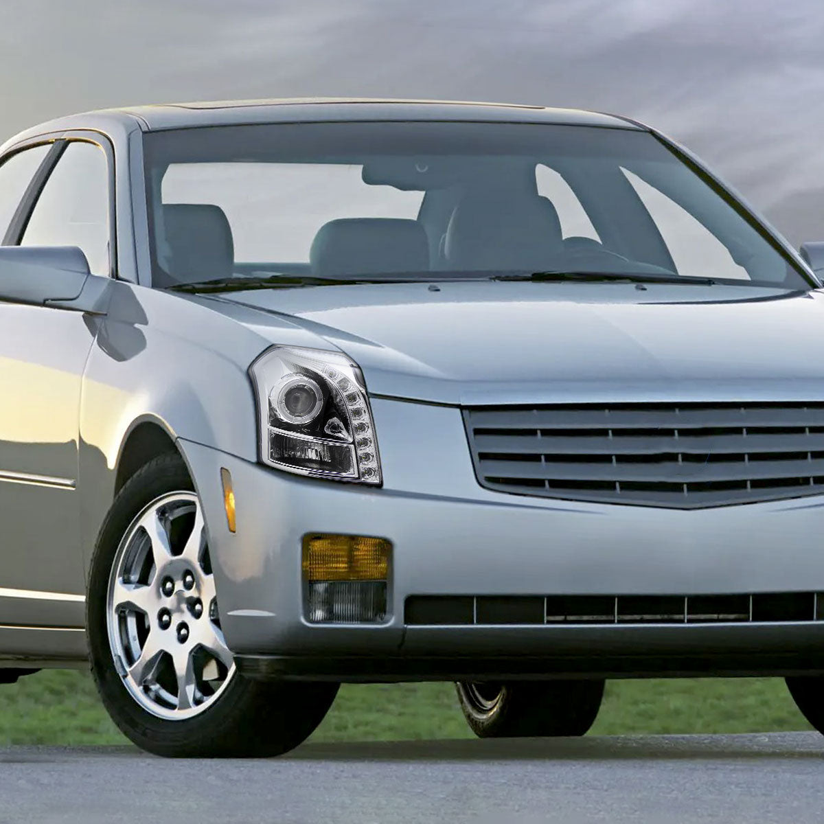 Ronnin - Fits 2003-2007 Cadillac CTS Upgraded Replacement LED Halo Rim Halogen Projector Headlights Assembly Pair | Black