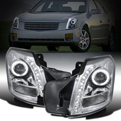 Ronnin - Fits 2003-2007 Cadillac CTS Upgraded Replacement LED Halo Rim Halogen Projector Headlights Assembly Pair | Chrome