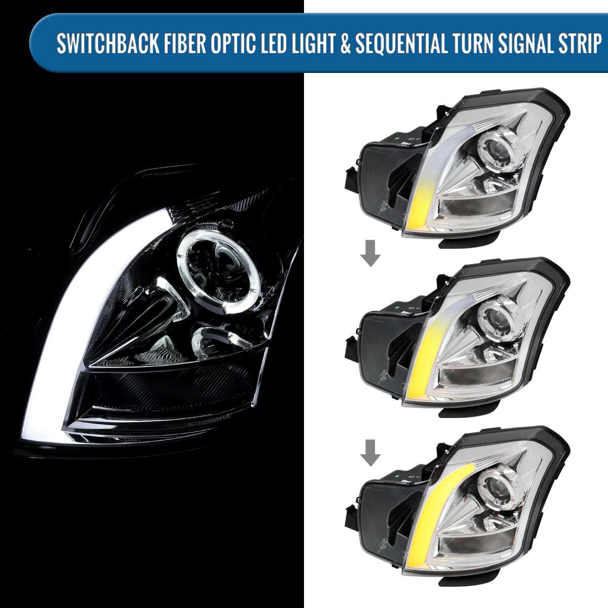 Ronnin - Fits 2003-2007 Cadillac CTS Upgraded Replacement LED Tube Switchback Sequential Turn Signal Halogen Projector Headlights Assembly Pair | Chrome