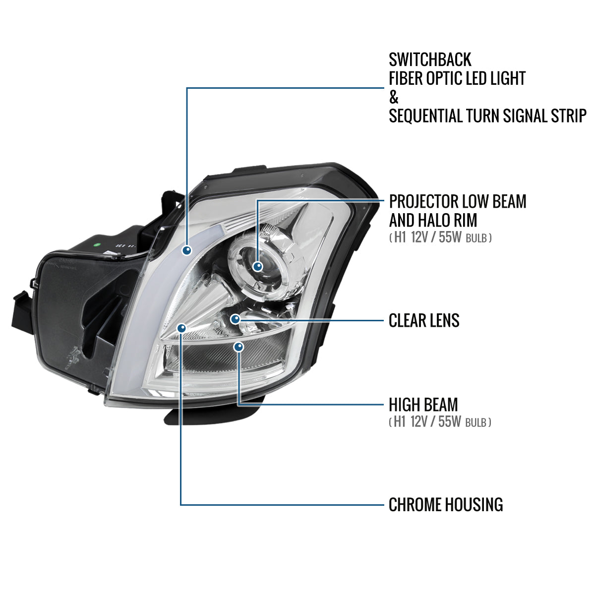 Ronnin - Fits 2003-2007 Cadillac CTS Upgraded Replacement LED Tube Switchback Sequential Turn Signal Halogen Projector Headlights Assembly Pair | Chrome