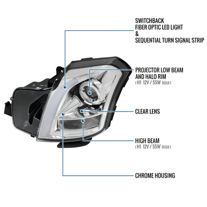 Ronnin - Fits 2003-2007 Cadillac CTS Upgraded Replacement LED Tube Switchback Sequential Turn Signal Halogen Projector Headlights Assembly Pair | Chrome