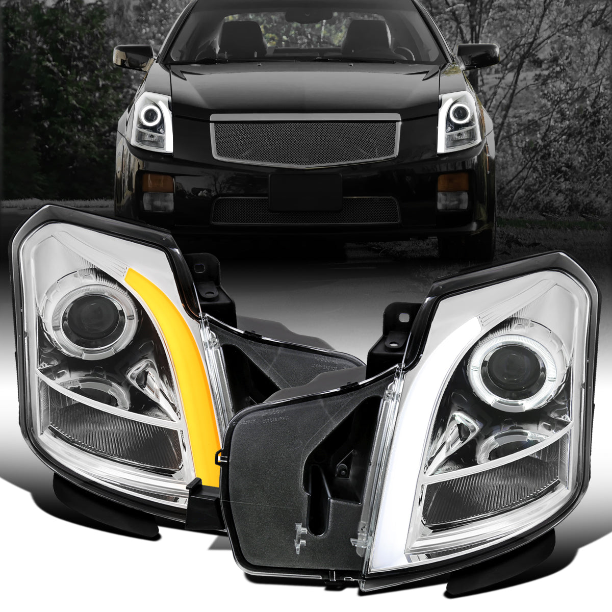 Ronnin - Fits 2003-2007 Cadillac CTS Upgraded Replacement LED Tube Switchback Sequential Turn Signal Halogen Projector Headlights Assembly Pair | Chrome