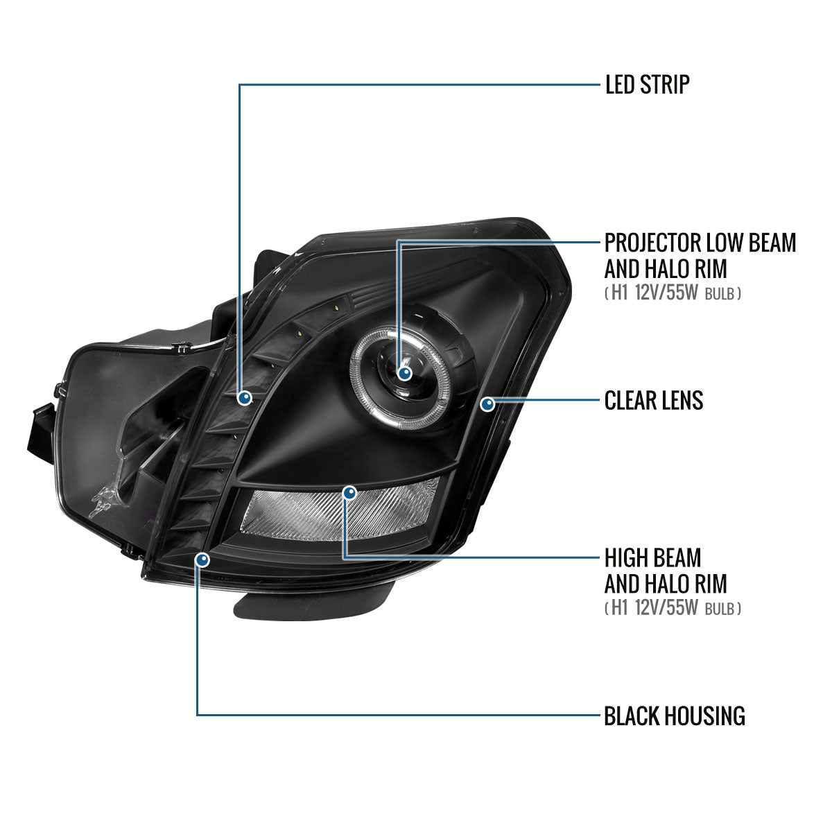 Ronnin - Fits 2003-2007 Cadillac CTS Upgraded Replacement LED Halo Rim Halogen Projector Headlights Assembly Pair | Black