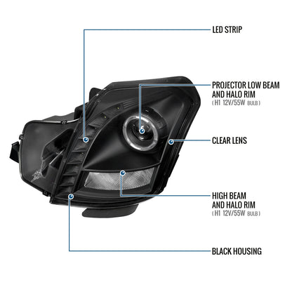 Ronnin - Fits 2003-2007 Cadillac CTS Upgraded Replacement LED Halo Rim Halogen Projector Headlights Assembly Pair | Black