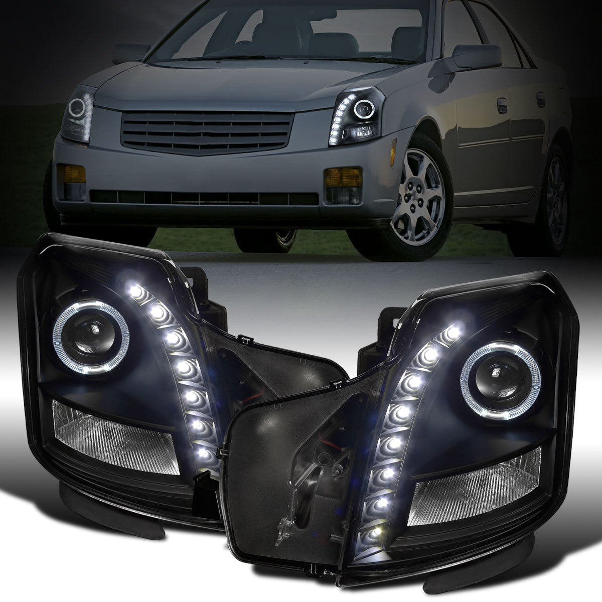 Ronnin - Fits 2003-2007 Cadillac CTS Upgraded Replacement LED Halo Rim Halogen Projector Headlights Assembly Pair | Black