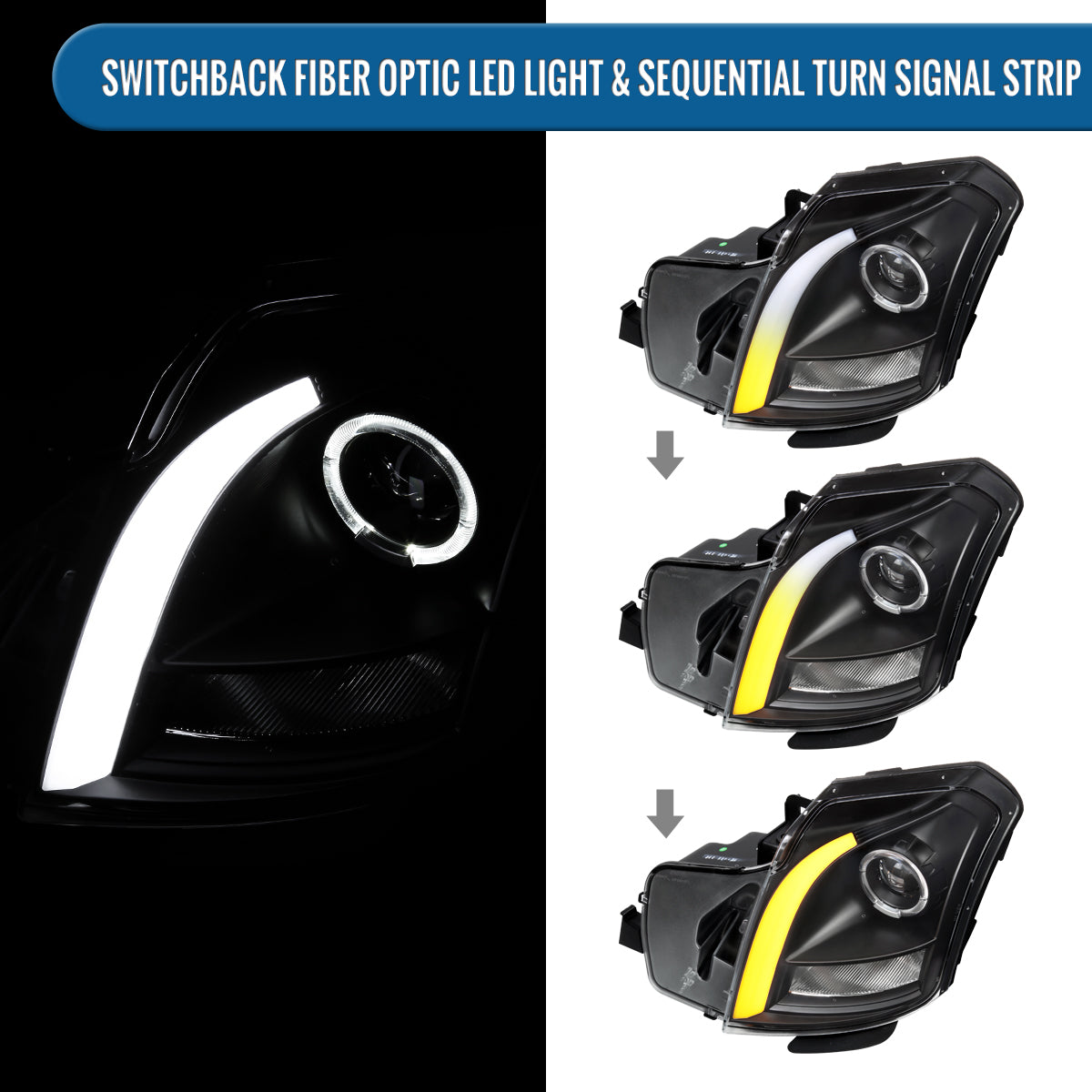 Ronnin - Fits 2003-2007 Cadillac CTS Upgraded Replacement LED Tube Switchback Sequential Turn Signal Halogen Projector Headlights Assembly Pair | Black