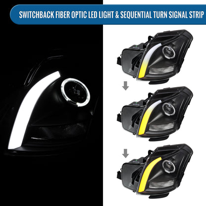 Ronnin - Fits 2003-2007 Cadillac CTS Upgraded Replacement LED Tube Switchback Sequential Turn Signal Halogen Projector Headlights Assembly Pair | Black