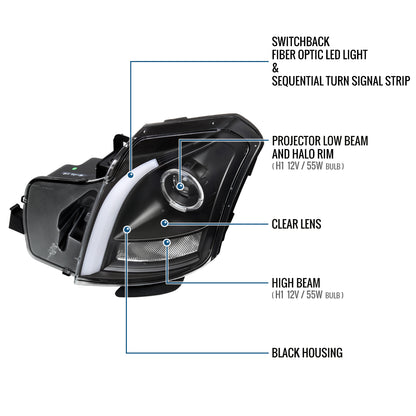 Ronnin - Fits 2003-2007 Cadillac CTS Upgraded Replacement LED Tube Switchback Sequential Turn Signal Halogen Projector Headlights Assembly Pair | Black