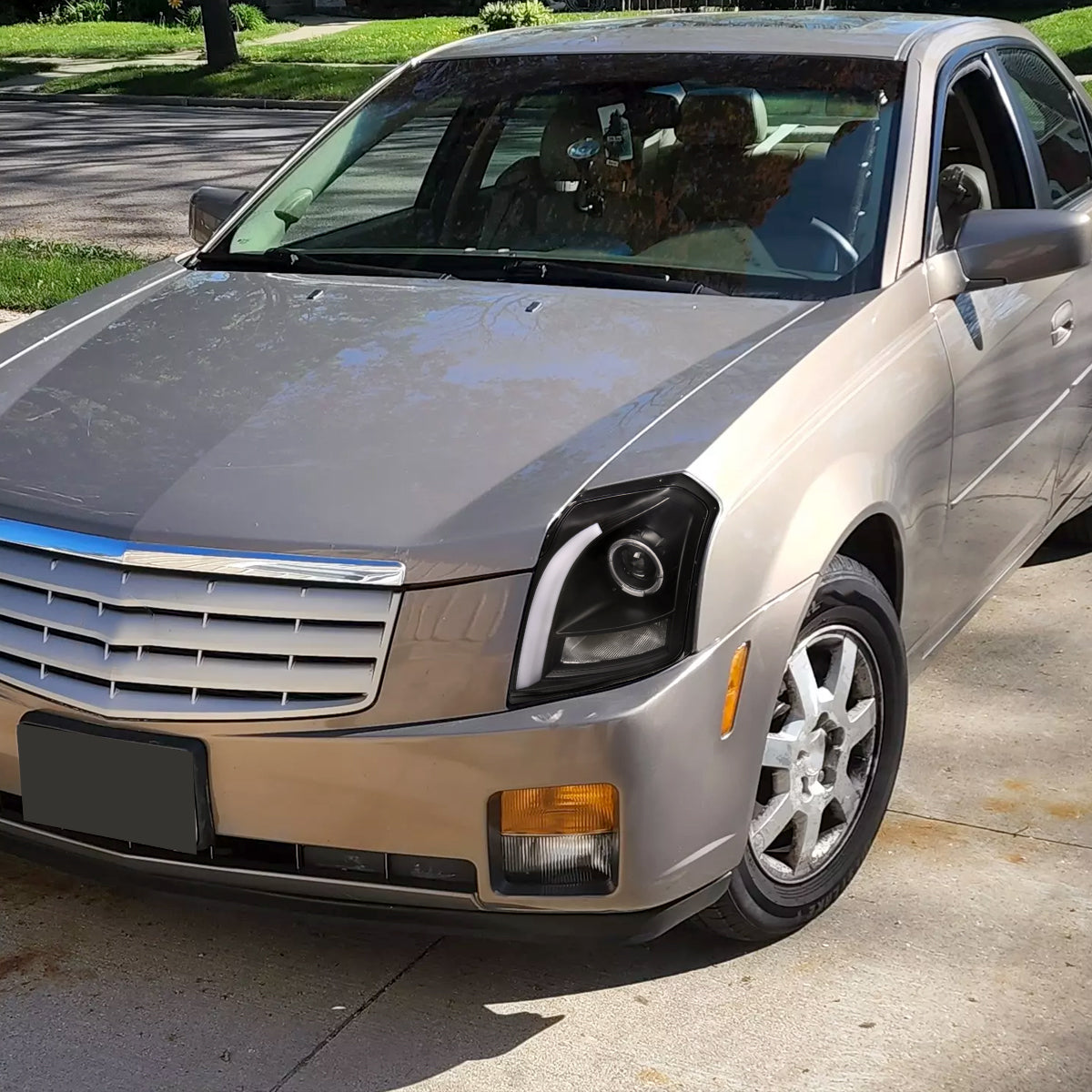 Ronnin - Fits 2003-2007 Cadillac CTS Upgraded Replacement LED Tube Switchback Sequential Turn Signal Halogen Projector Headlights Assembly Pair | Black