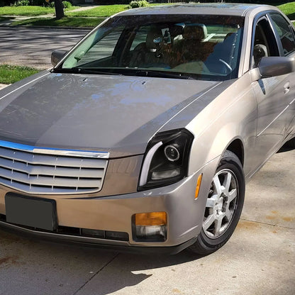 Ronnin - Fits 2003-2007 Cadillac CTS Upgraded Replacement LED Tube Switchback Sequential Turn Signal Halogen Projector Headlights Assembly Pair | Black