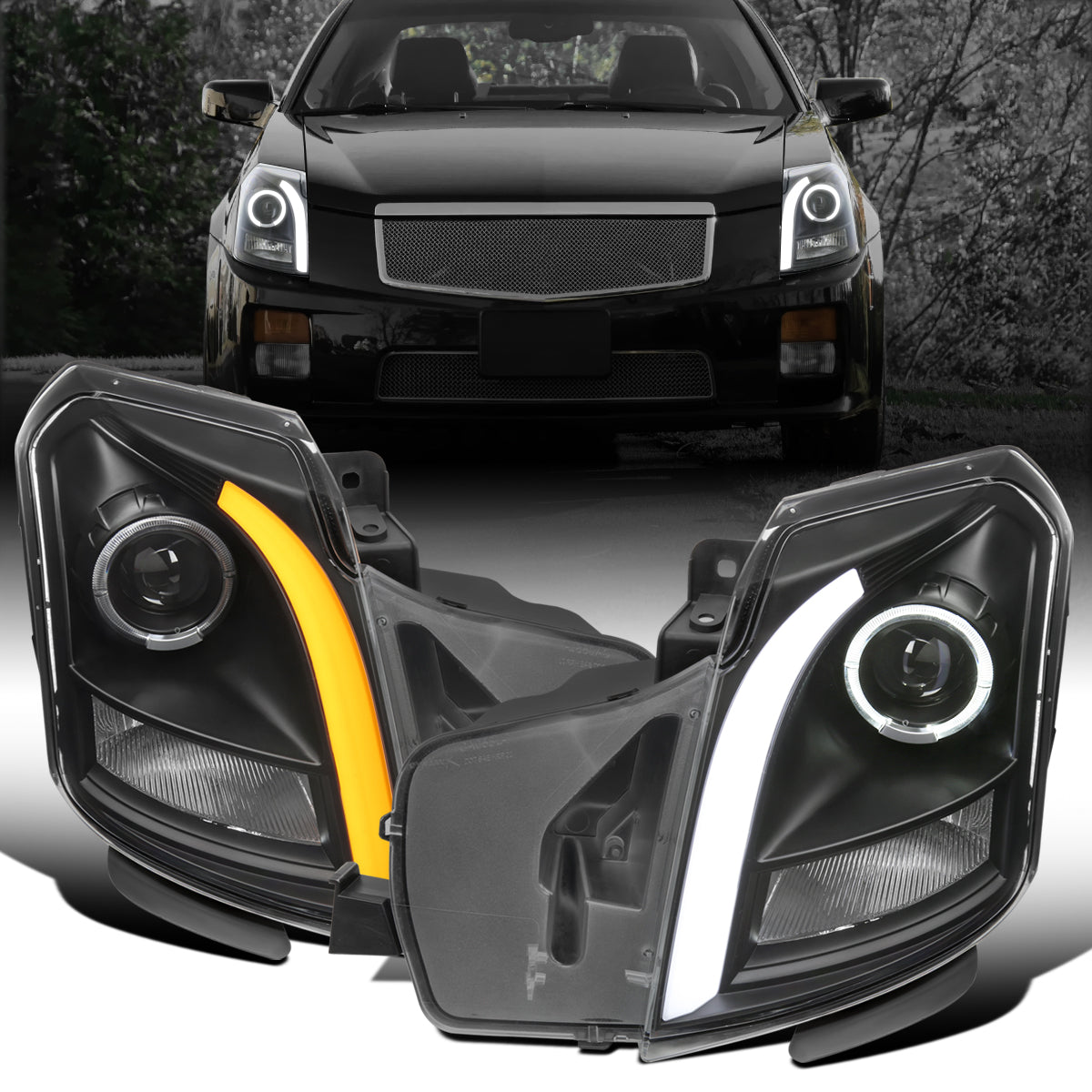 Ronnin - Fits 2003-2007 Cadillac CTS Upgraded Replacement LED Tube Switchback Sequential Turn Signal Halogen Projector Headlights Assembly Pair | Black