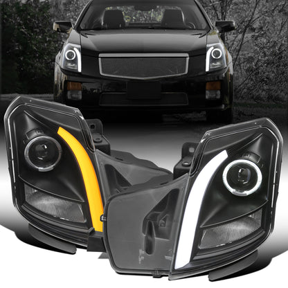 Ronnin - Fits 2003-2007 Cadillac CTS Upgraded Replacement LED Tube Switchback Sequential Turn Signal Halogen Projector Headlights Assembly Pair | Black