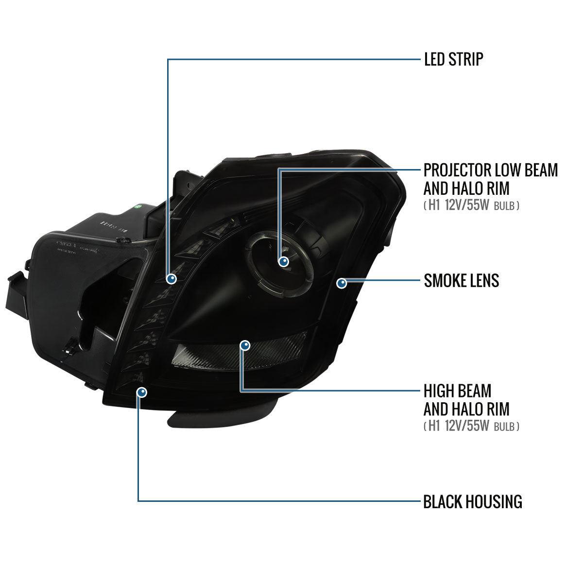 Ronnin - Fits 2003-2007 Cadillac CTS Upgraded Replacement LED Halo Rim Halogen Projector Headlights Assembly Pair | Black Smoke