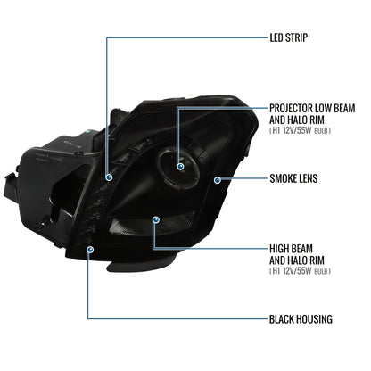 Ronnin - Fits 2003-2007 Cadillac CTS Upgraded Replacement LED Halo Rim Halogen Projector Headlights Assembly Pair | Black Smoke