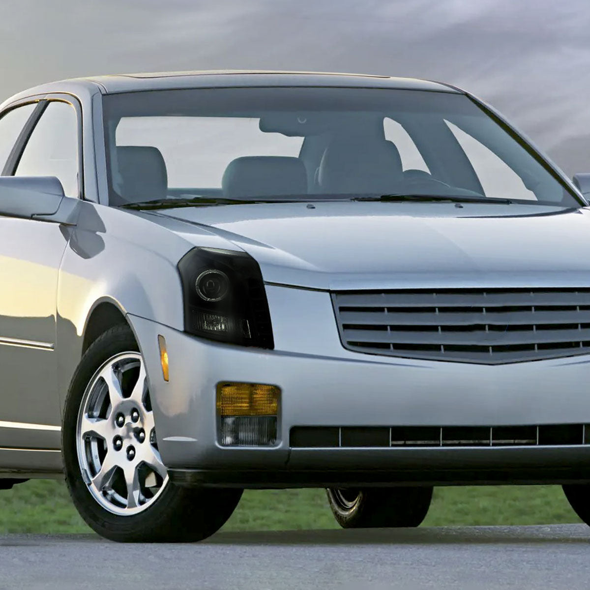 Ronnin - Fits 2003-2007 Cadillac CTS Upgraded Replacement LED Halo Rim Halogen Projector Headlights Assembly Pair | Black Smoke