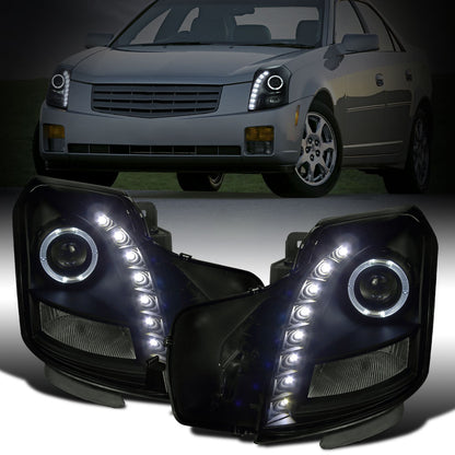 Ronnin - Fits 2003-2007 Cadillac CTS Upgraded Replacement LED Halo Rim Halogen Projector Headlights Assembly Pair | Black Smoke