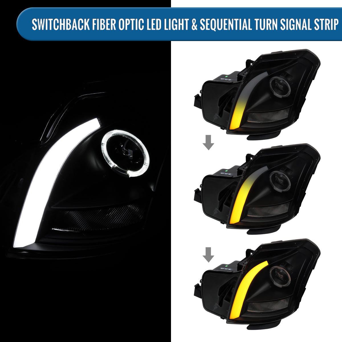 Ronnin - Fits 2003-2007 Cadillac CTS Upgraded Replacement LED Tube Switchback Sequential Turn Signal Halogen Projector Headlights Assembly Pair | Black Smoke