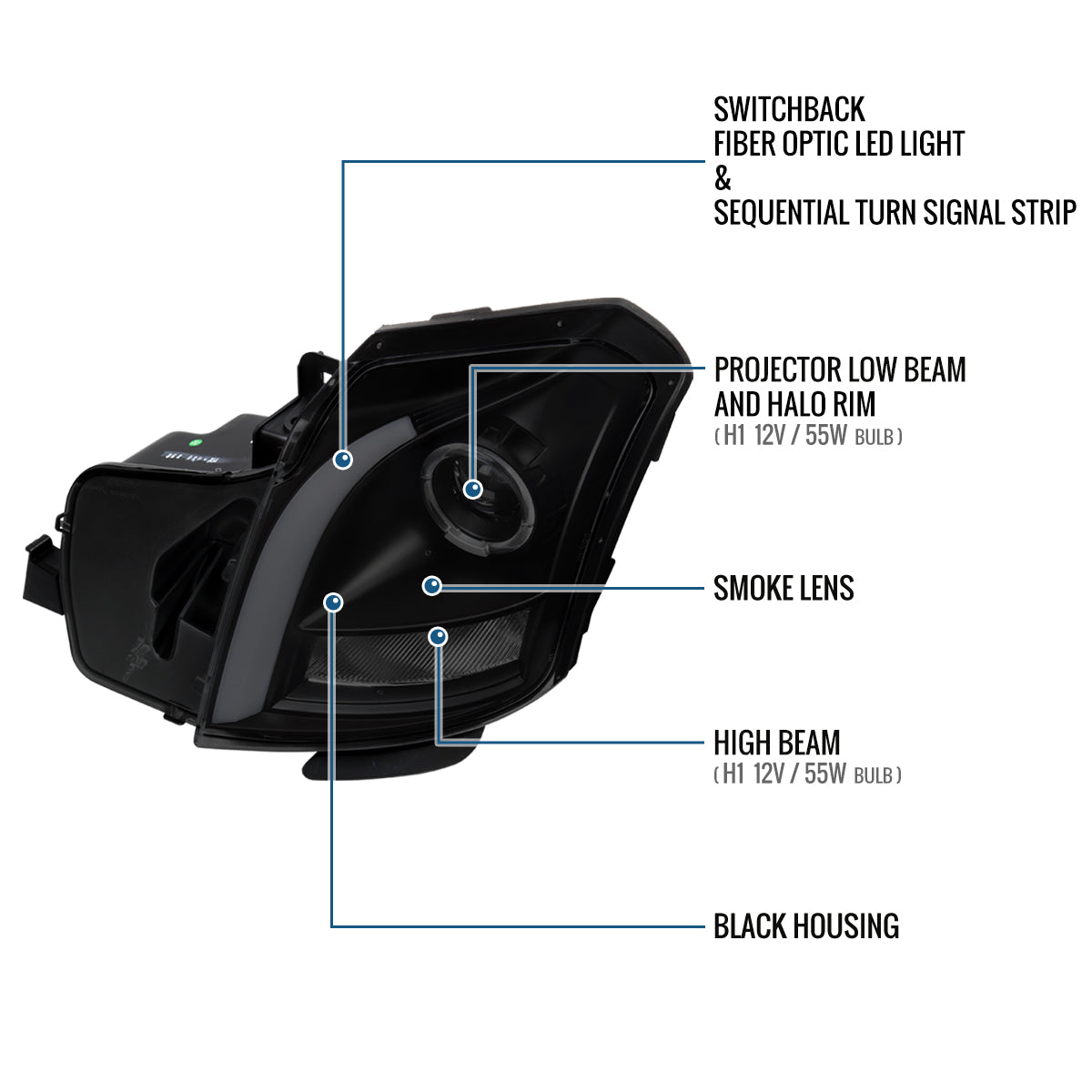 Ronnin - Fits 2003-2007 Cadillac CTS Upgraded Replacement LED Tube Switchback Sequential Turn Signal Halogen Projector Headlights Assembly Pair | Black Smoke