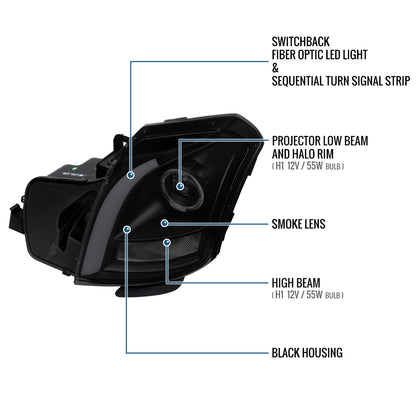 Ronnin - Fits 2003-2007 Cadillac CTS Upgraded Replacement LED Tube Switchback Sequential Turn Signal Halogen Projector Headlights Assembly Pair | Black Smoke