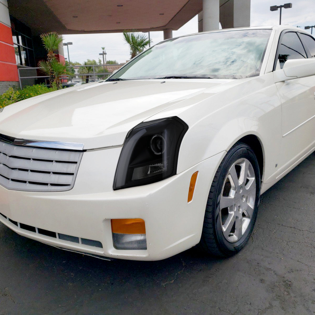 Ronnin - Fits 2003-2007 Cadillac CTS Upgraded Replacement LED Tube Switchback Sequential Turn Signal Halogen Projector Headlights Assembly Pair | Black Smoke