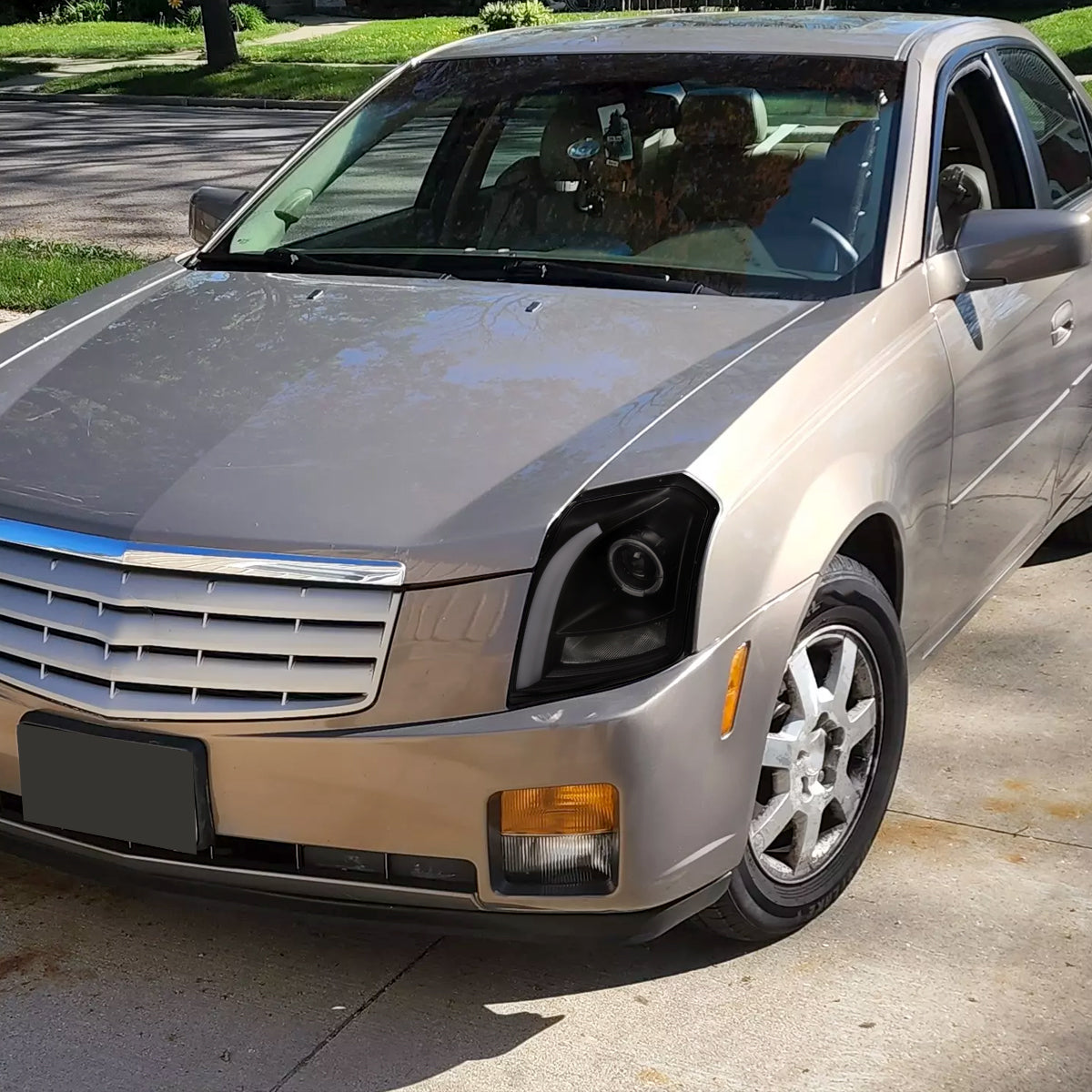 Ronnin - Fits 2003-2007 Cadillac CTS Upgraded Replacement LED Tube Switchback Sequential Turn Signal Halogen Projector Headlights Assembly Pair | Black Smoke